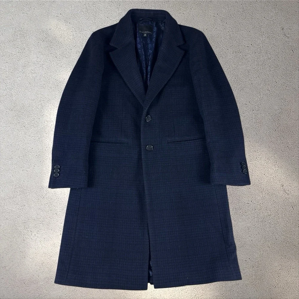 BANANA REPUBLIC Trento Plaid Topcoat Trench Coat Men's Medium Navy Wool Emmetex